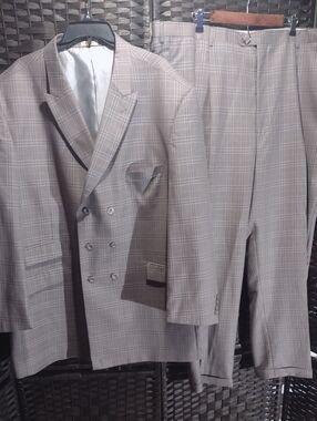 Stacey Adams Gold Brown Plaid Double Breasted Suit Men's 54L W50